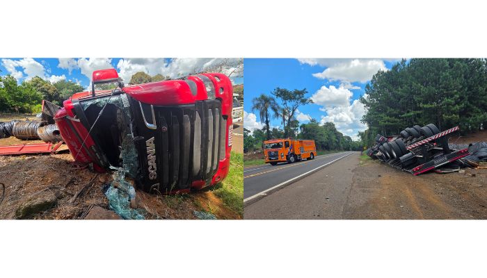 Guaraniaçu – Carreta tomba as margens da BR277